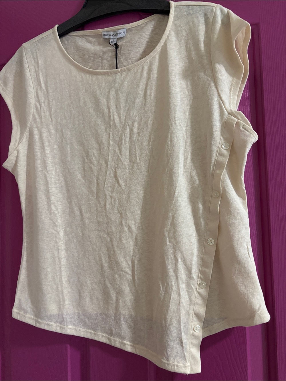 Cream Short Sleeve Button-Trim Tee